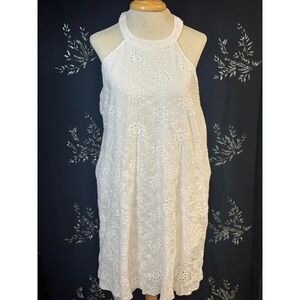 Shein White Eyelet Halter Mini Dress Floral Embroidered Keyhole Back XL EU 44 US